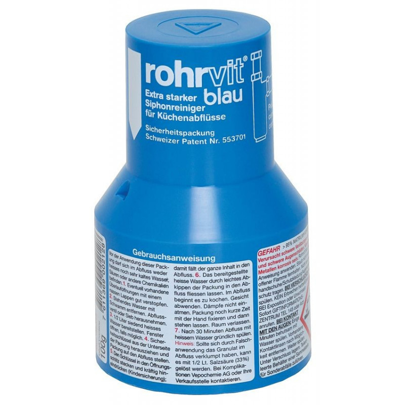 ROHRVIT bleu Détergent extra-fort pour les siphons de cuisine 100 g